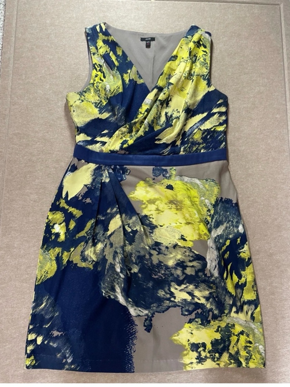 Jacob Abstract Floral Sleeveless Sheath Dress in Navy, Yellow & Taupe